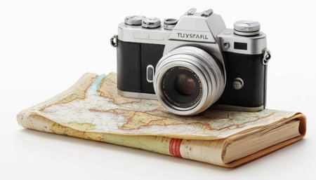 Vintage camera and map isolated on white background. Travel concept.の素材