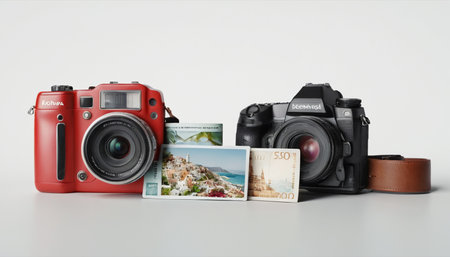 Photography, travel, photography and equipment concept - close up of camera, film and photosの素材
