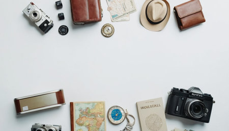 Top view of traveler's accessories on white background with copy space.の素材