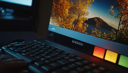 Close-up of a computer monitor with autumn leaves in the backgroundの素材