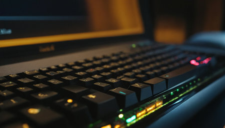 Close up of a laptop keyboard in the dark. Selective focus.の素材