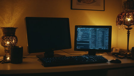 Desktop computer with keyboard and mouse on table in dark room at nightの素材