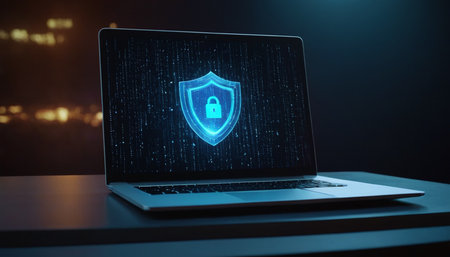 Cyber security concept: close up of laptop with cyber security icon on screenの素材