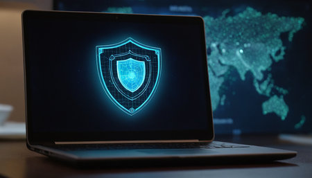 Laptop with security shield hologram on blurry background. 3D Renderingの素材