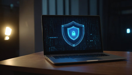 Cyber security concept. Shield with padlock on laptop screen at nightの素材