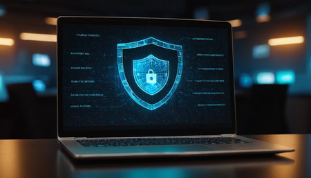 Cyber security theme hologram on modern laptop screen 3D renderingの素材