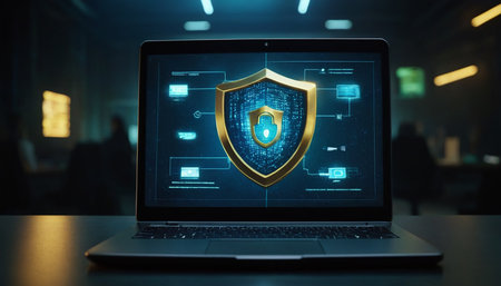 Laptop with cyber security concept on screen. 3d rendering.の素材