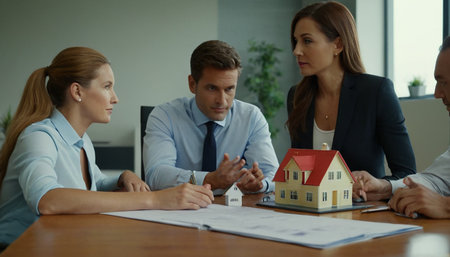 Real estate agent showing house model to couple. Young couple signing contract with real estate agent.の素材