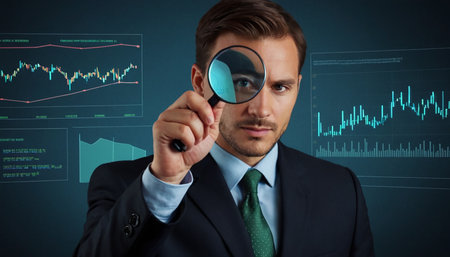Businessman looking at business charts and graphs with magnifying glass conceptの素材