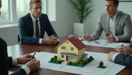 Real estate agent showing house model to young couple at table in officeの素材