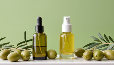 bottle of olive oil and green olives on a green backgroundの素材