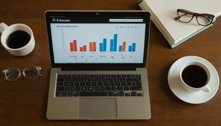 Laptop and coffee cup on wooden table with graph chart on screenの素材