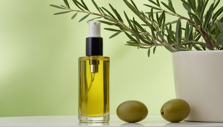Olive oil in a glass bottle and green olives on a light backgroundの素材
