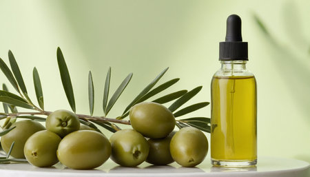 Olive oil in a glass bottle and green olives on a light backgroundの素材