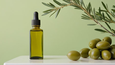 bottle of olive oil and olives on white table with green backgroundの素材
