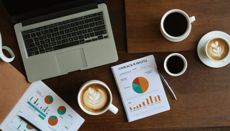 Top view of coffee cup and laptop on wooden table with financial graphの素材