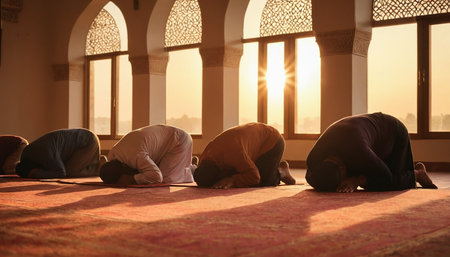 Muslim men praying in the mosque at sunset. Muslim prayer concept.の素材