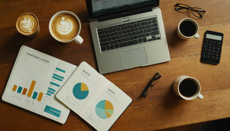 Businessman analyzing investment charts with laptop and coffee cup on wooden tableの素材