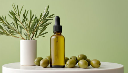 Olive oil in a glass bottle and green olives on a white tableの素材