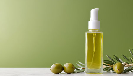 bottle of olive oil with green olives on a green backgroundの素材