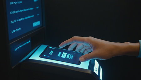 Close up of man using a fitness machine to check his body temperatureの素材