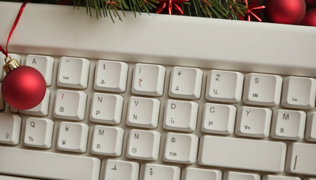 White computer keyboard with christmas ornaments and fir tree branchesの素材