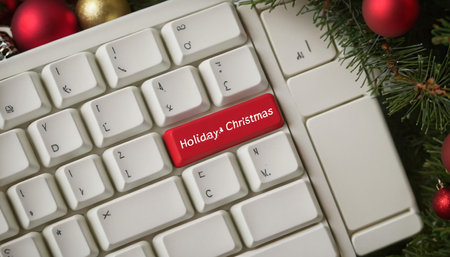 Keyboard with christmas baubles and text HAPPY NEW YEARの素材