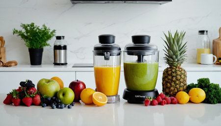 Healthy smoothie in blender with fresh fruits and vegetables in the kitchenの素材