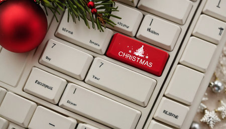 White keyboard with red button with the word online shopping and christmas decorationの素材