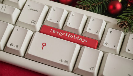 Keyboard with red key with Merry Christmas text and christmas decorationの素材