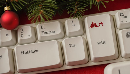 White pc keyboard with christmas tree and bauble on red backgroundの素材