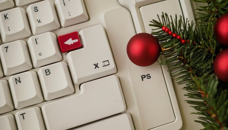 White pc keyboard with christmas baubles and fir tree branchの素材
