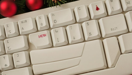 White computer keyboard with christmas tree and red bauble on itの素材