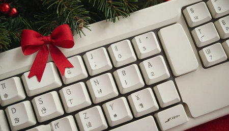 Computer keyboard with red ribbon and christmas tree on the background.の素材