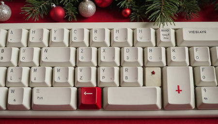Keyboard with christmas decorations and spruce branch on red backgroundの素材