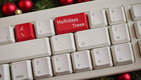 A computer keyboard with a red button with the german words Holidays Treatの素材