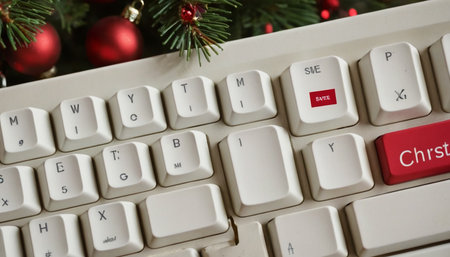 White computer keyboard with christmas tree on background, close-upの素材