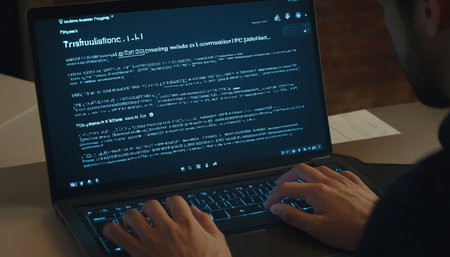 Hacker using laptop in dark room. Close up of hands typing on keyboardの素材
