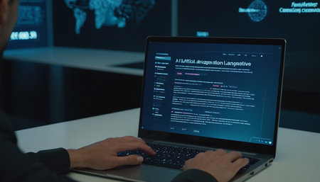 Man working on laptop in dark office. Close-up of male hands typing on laptop keyboard.の素材