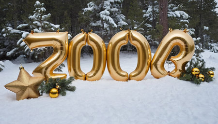 Happy new year 2019. Golden numbers on white snow with christmas decorationの素材