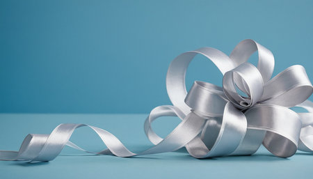 Shiny silver ribbon on blue background with copy space for your textの素材