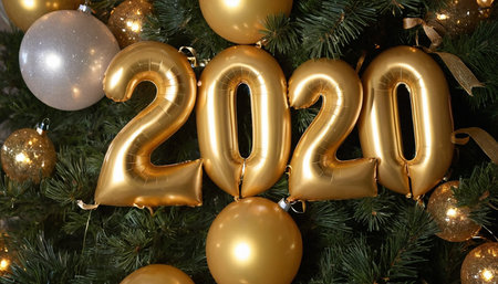 Golden balloons on the Christmas tree with the inscription 2020. New Yearの素材