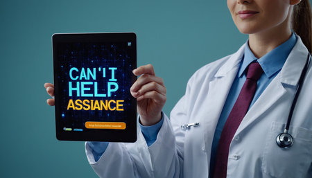 Tablet pc device with health insurance sign on the screen held by doctorの素材