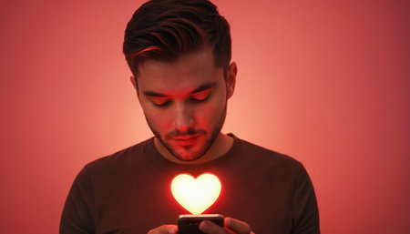 Young man with mobile phone in the shape of heart on red backgroundの素材