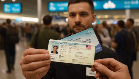 Handsome young man holding passport and boarding pass at the airportの素材