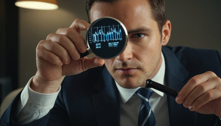Close-up of businessman looking through magnifying glass at stock market dataの素材