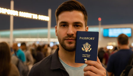 Young man holding a passport of the United States of America at the airportの素材