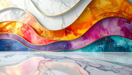 3d rendering of colorful marble wall and floor with wavy patternの素材