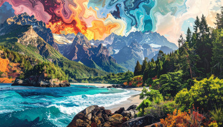 Fantastic panoramic view of the beach and mountains. Colorful summer landscape. Artistic style.の素材