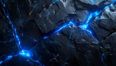 Blue lightning on the black stone wall background. 3d render illustrationの素材